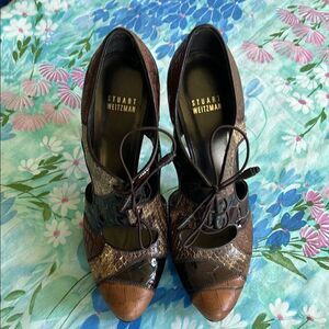 Stuart Weitzman Mixed Leather Tuxedo Lace Up Heels - 8 M (?)